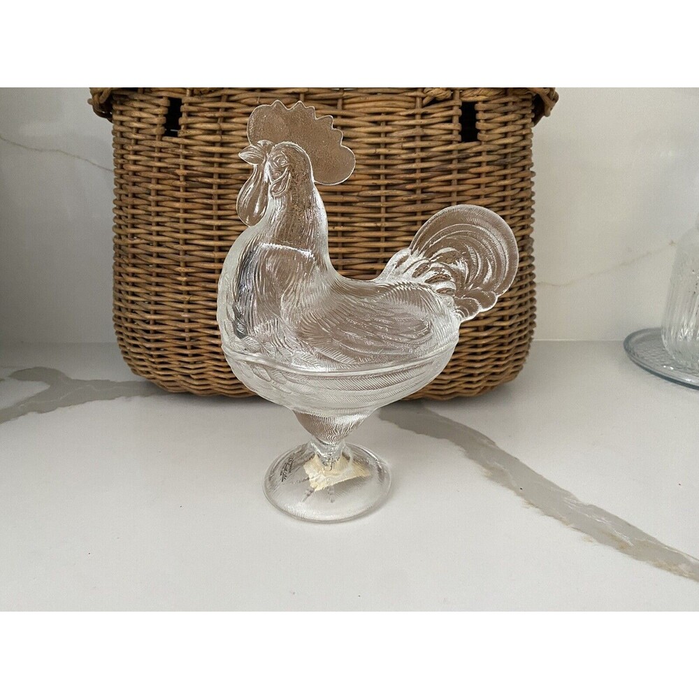 Vintage L.E. Smith Clear Glass Standing Rooster Candy Dish w/Lid Art Glass 9"